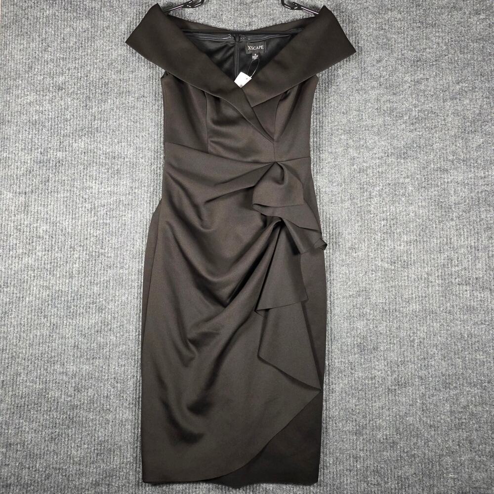Xscape NWT Size 4 Black Off Shoulder Ruched Cocktail Midi Dress $228